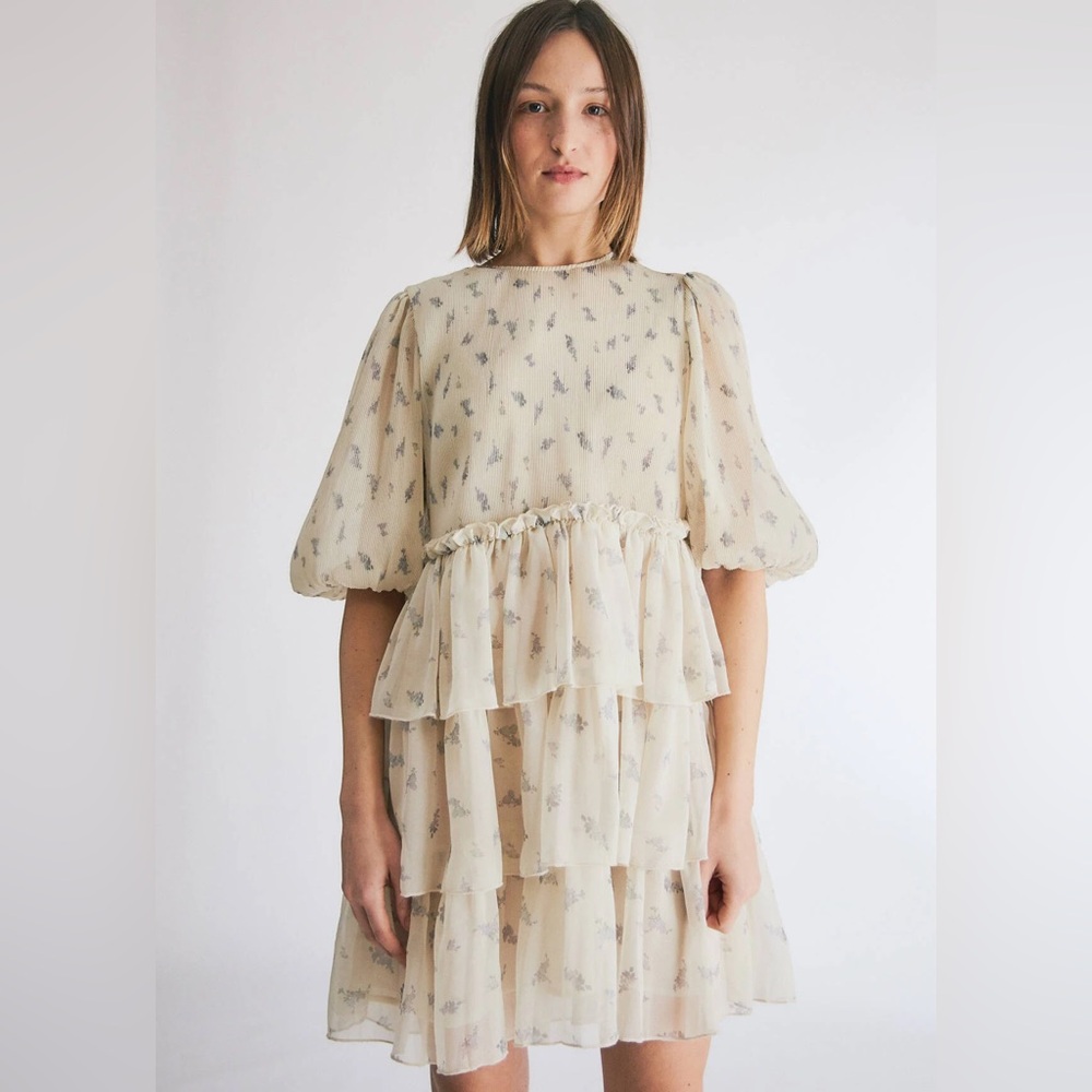 GANNI Tiered Floral-Print Plisse Georgette Mini Dress